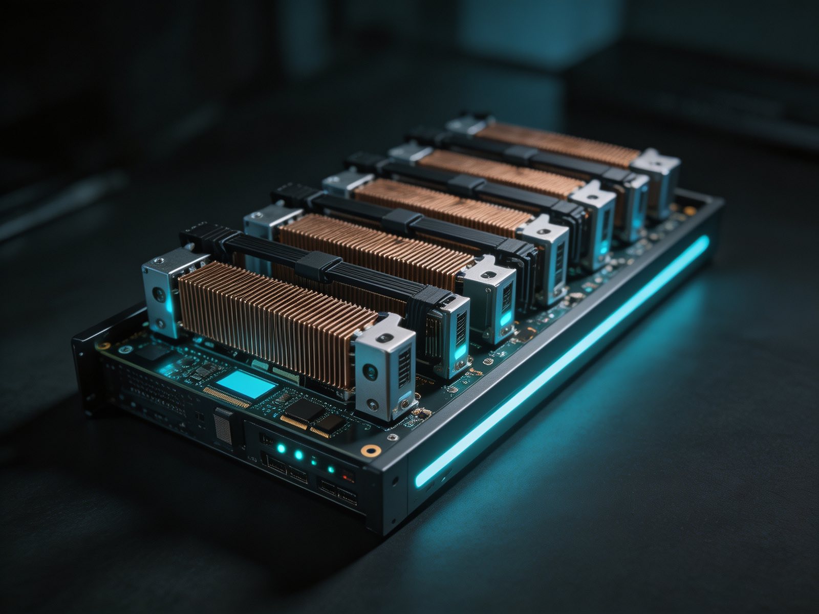 An open eight-GPU node on the bench, copper heatsinks and bridge connectors in a row