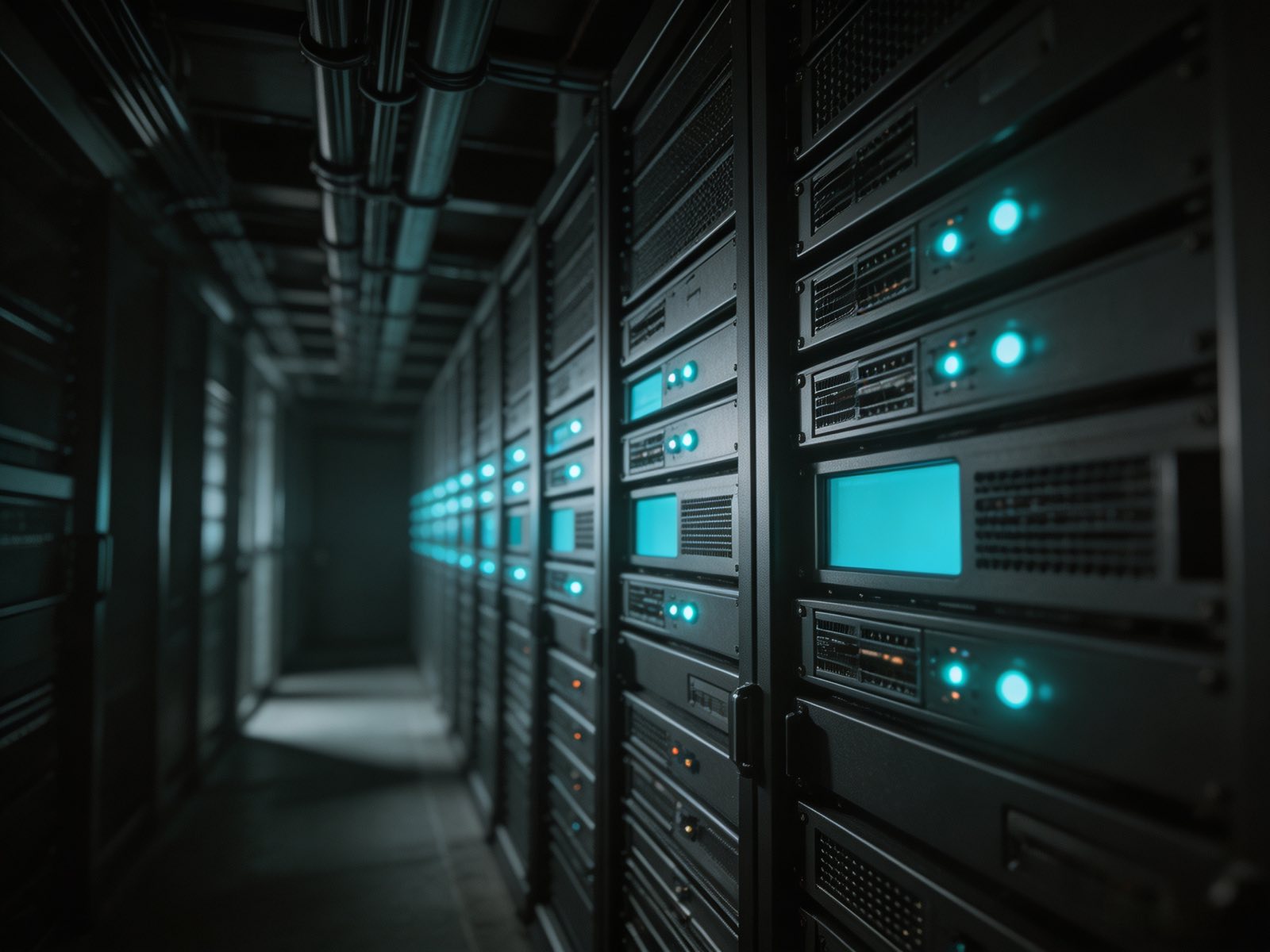 A dense service aisle of identical compute nodes receding into the dark