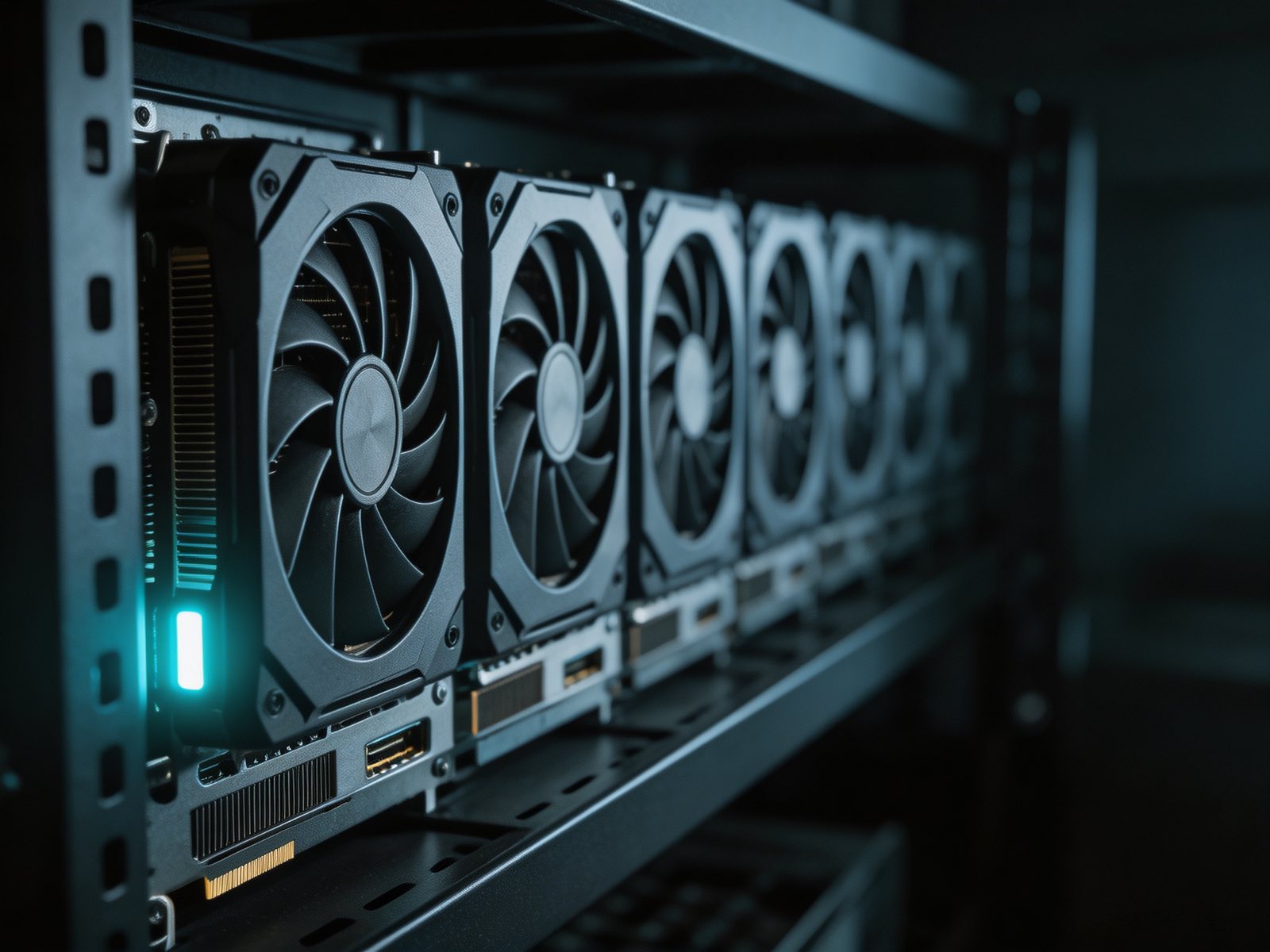 Eight fan-shrouded cards racked in one chassis, seen down the row