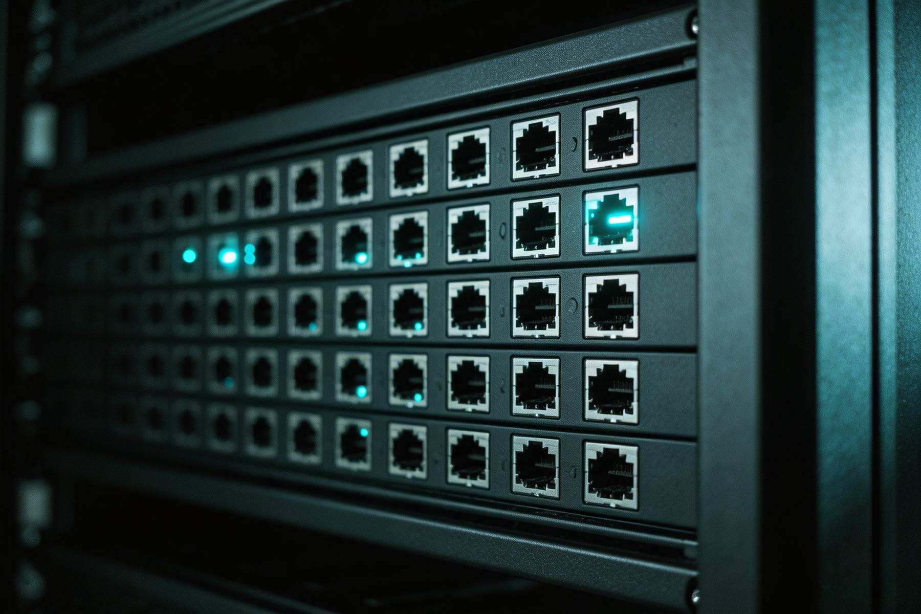 A rack front of network ports, a scattered handful of them lit