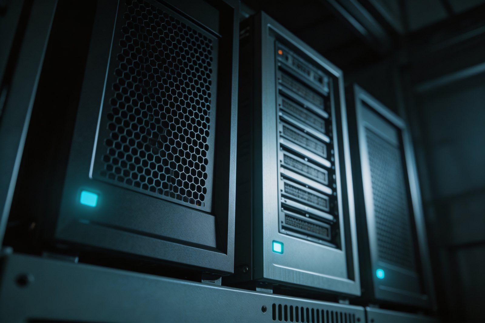 Three different classes of server chassis standing side by side in one rack row
