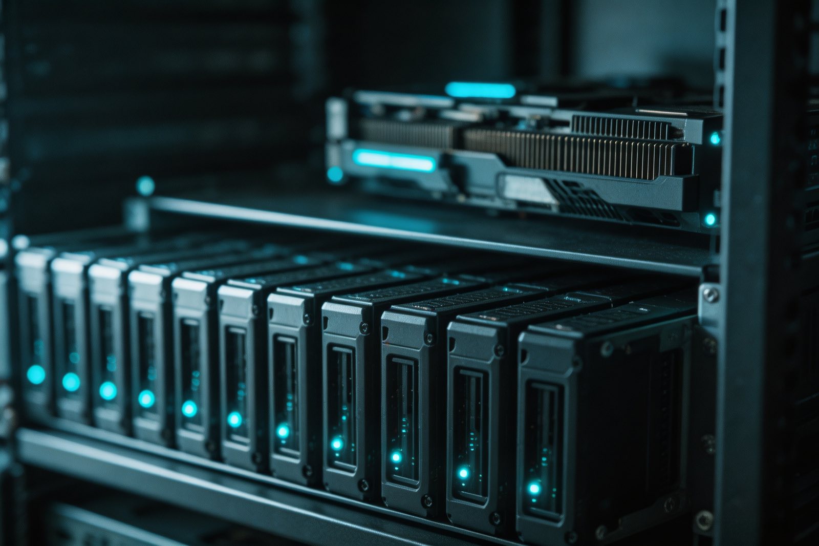 A row of drive carriers with a GPU card seated in the shelf above them