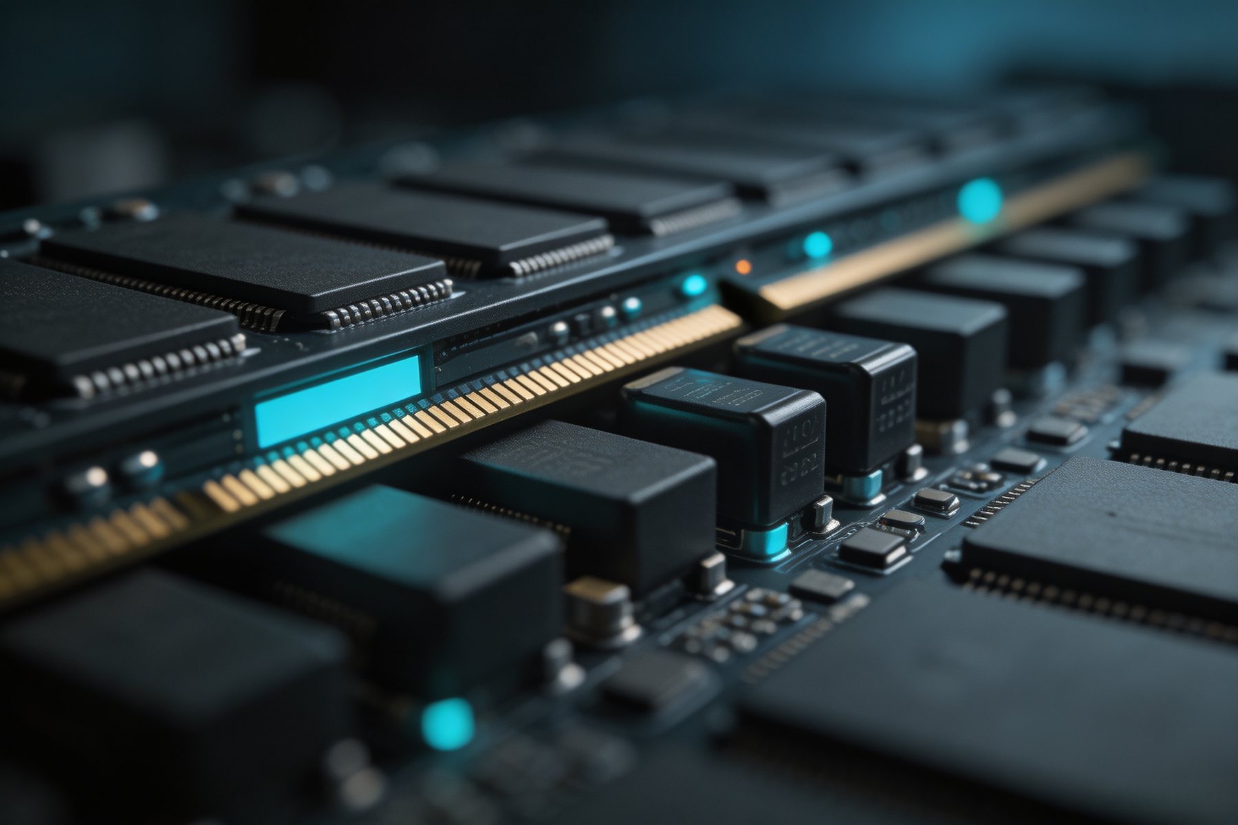 Macro of an accelerator board: memory packages and voltage regulators in dense rows