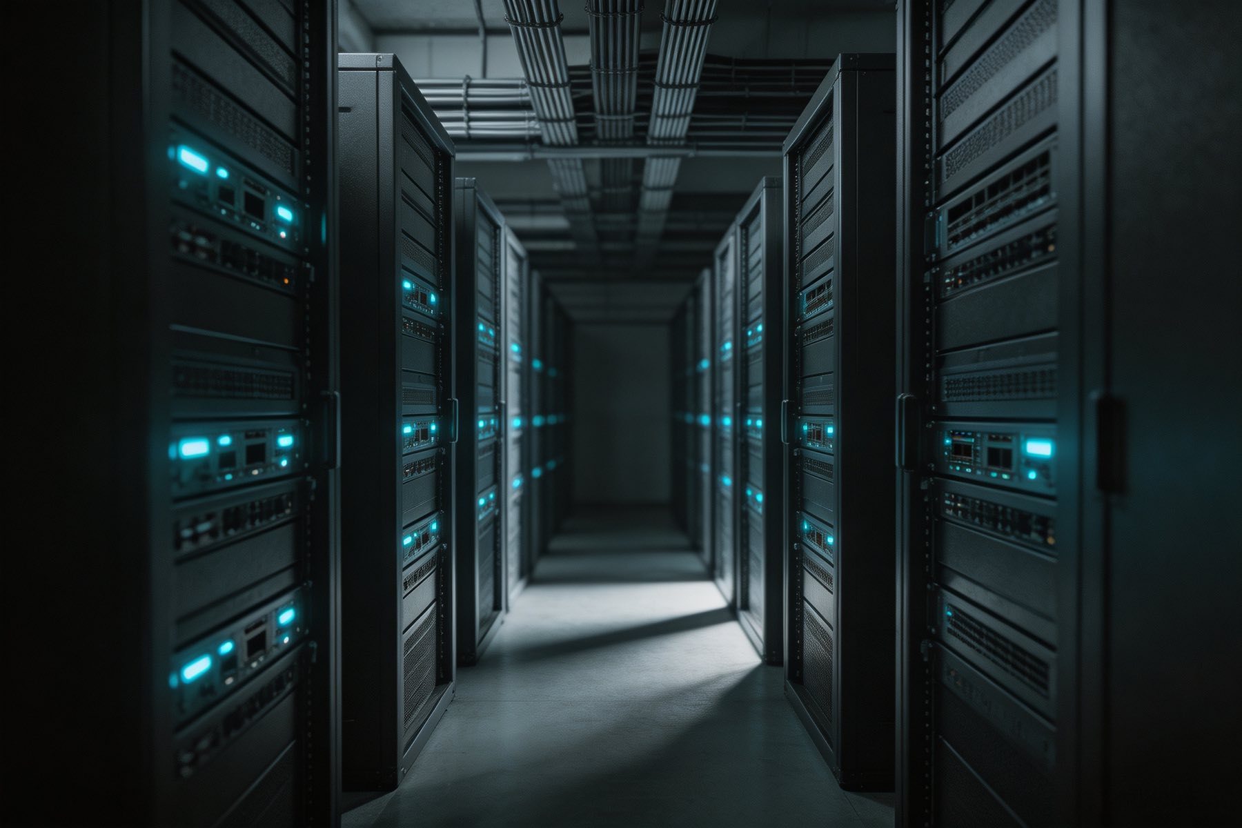 The corridor between two server rows, cable trunking running overhead