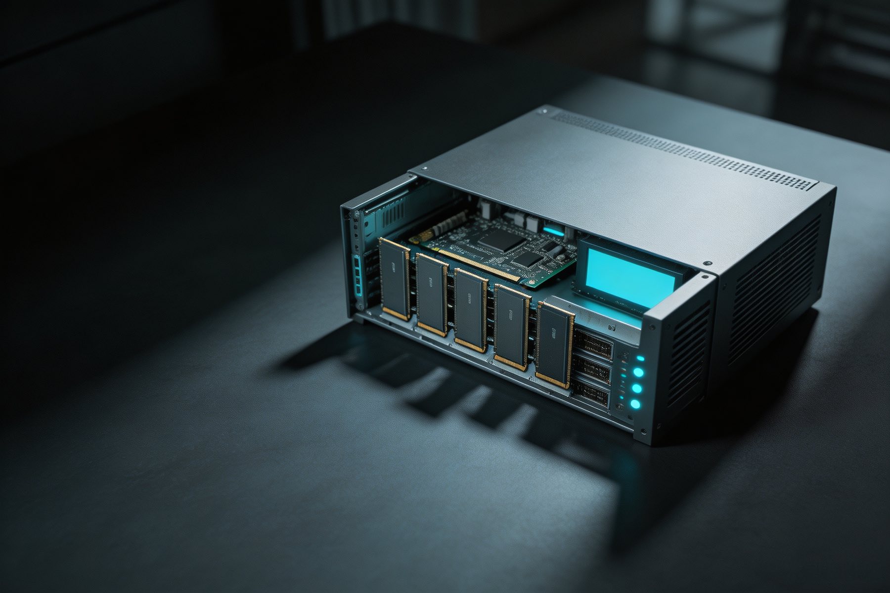 A single node open on the bench under one hard lamp, accelerator cards seated in a row