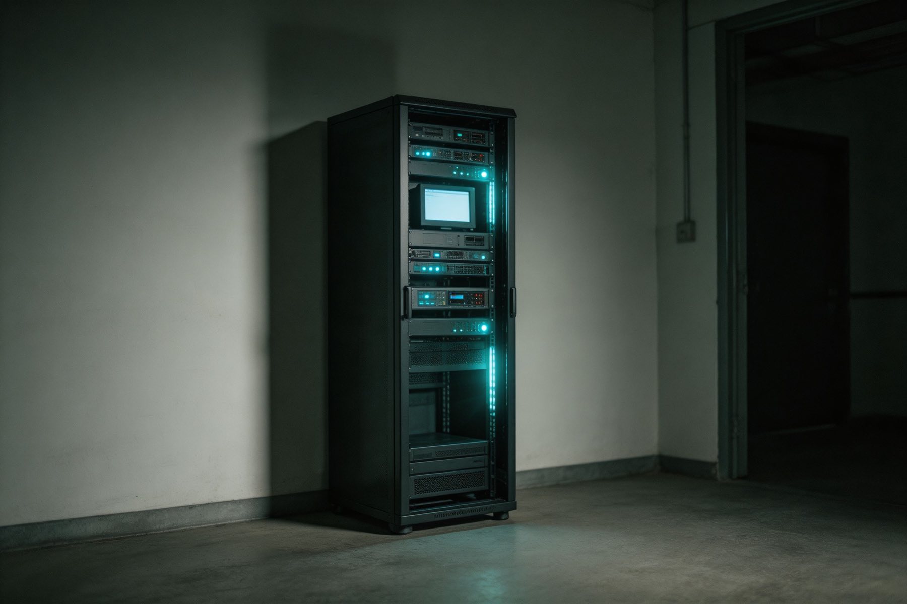 One rack standing in an ordinary room with a plain wall and a doorway, not a datacenter hall